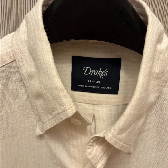 Drakes - Cream Ticking Stripe Cotton Oxford Cloth Button-Down Shirt - Size 15 - Picture 3 of 8